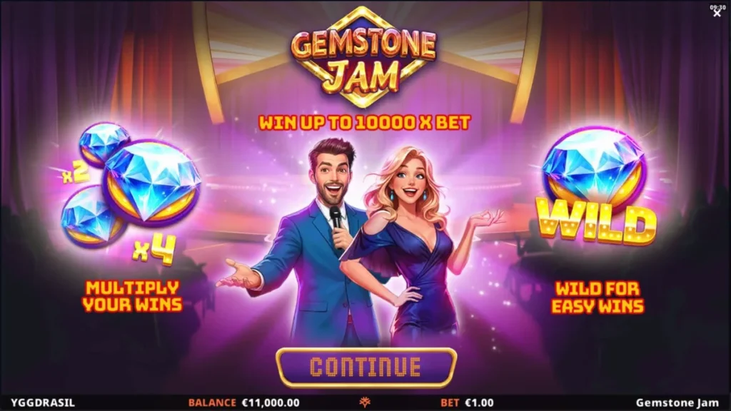 Tampilan visual slot Gemstone Jam dengan tema permata dan acara TV