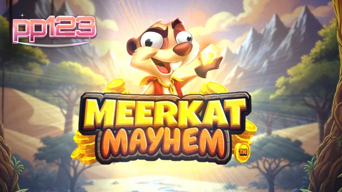 Pemandangan gurun pasir dengan karakter meerkat yang sedang berburu harta karun di slot Meerkat Mayhem